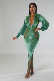 Autumn and winter velvet printed panel perspective lantern sleeve jumpsuit