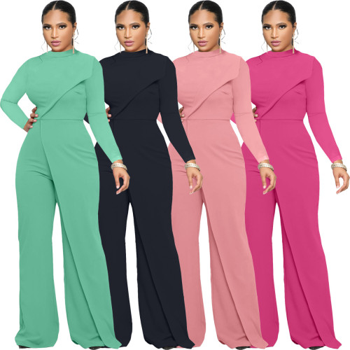 Women's fashionable long sleeved round neck jumpsuit in autumn and winter