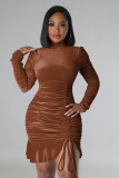 Stand neck velvet ruffle sexy dress