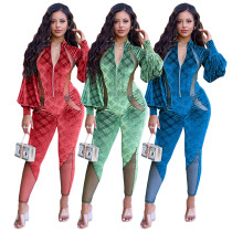 Autumn and winter velvet printed panel perspective lantern sleeve jumpsuit