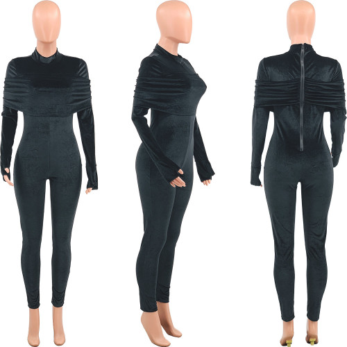 Solid velvet pleated bodysuit