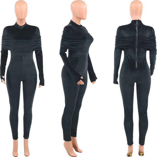 Solid velvet pleated bodysuit