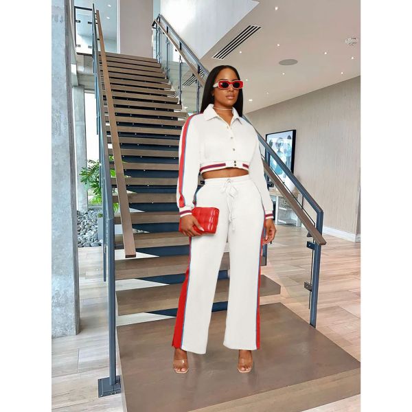 Women's striped button color blocking split pants two-piece sports suit