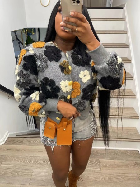 Velvet three-dimensional flower decoration single breasted short coat in autumn and winter
