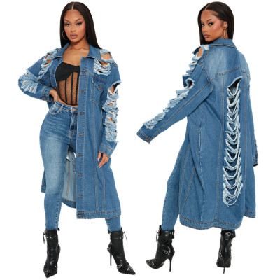 Fashion women's wear hole long sleeve shoulder slip denim trench coat cardigan denim cape