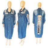 Fashion women's wear hole long sleeve shoulder slip denim trench coat cardigan denim cape