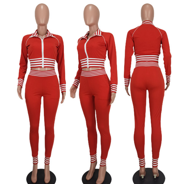 Fashion casual open waist threaded stand collar sports two-piece set