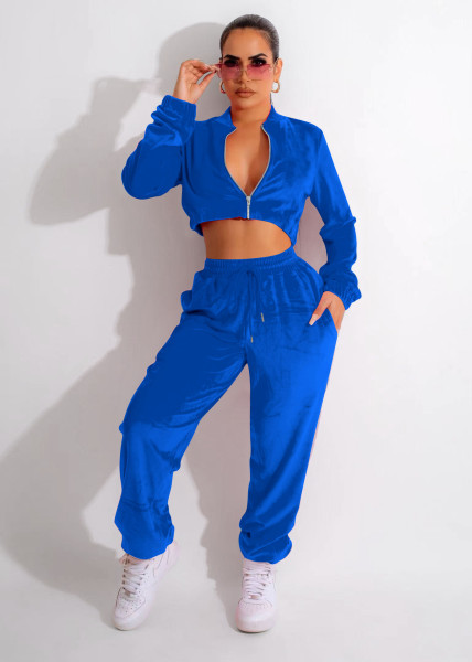 Fashion open waist dense velvet loose wide leg two-piece set