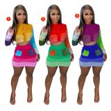 Casual hand knitted color contrast skirt suit