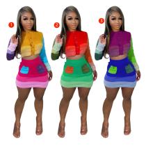 Casual hand knitted color contrast skirt suit