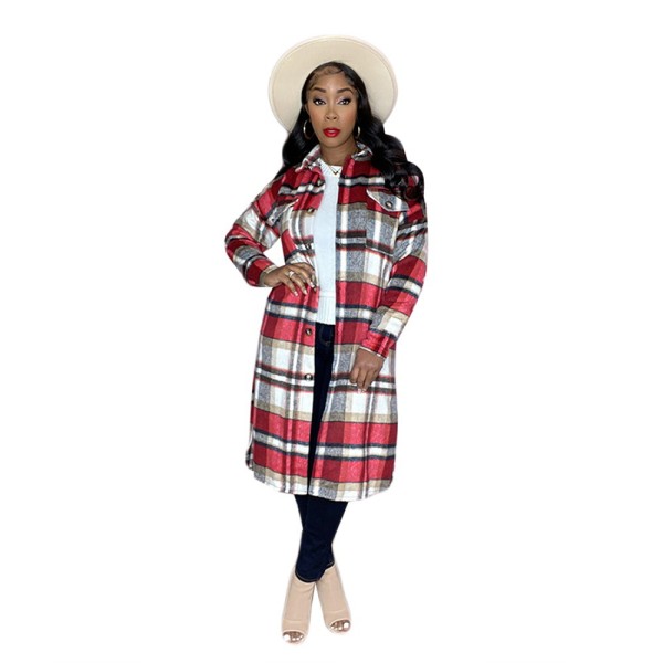 Plaid wool nickel coat autumn and winter lapel long casual coat for women
