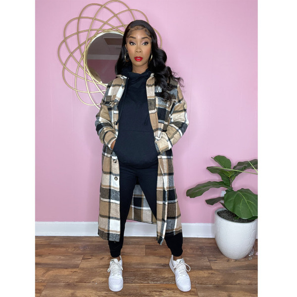 Plaid wool nickel coat autumn and winter lapel long casual coat for women
