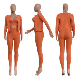 Solid color hand knitted sweater three piece cardigan set