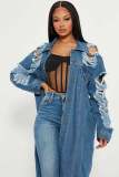 Fashion women's wear hole long sleeve shoulder slip denim trench coat cardigan denim cape