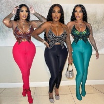 Slim fitting hot drill solid color butterfly strap top Slim fitting hot drill solid color butterfly strap top