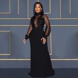 Sexy sequins perspective lace strapping floor length dress