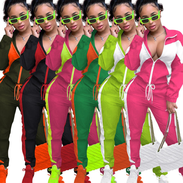 Casual fashion color blocking cardigan two-piece set