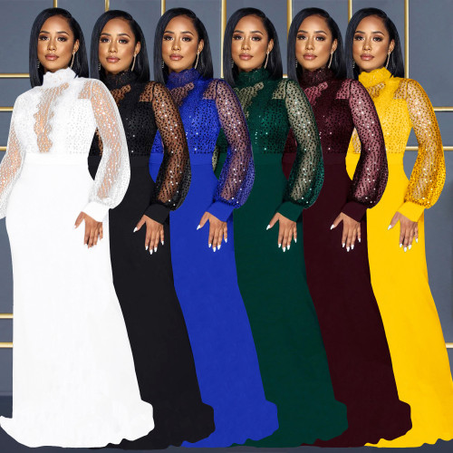 Sexy sequins perspective lace strapping floor length dress