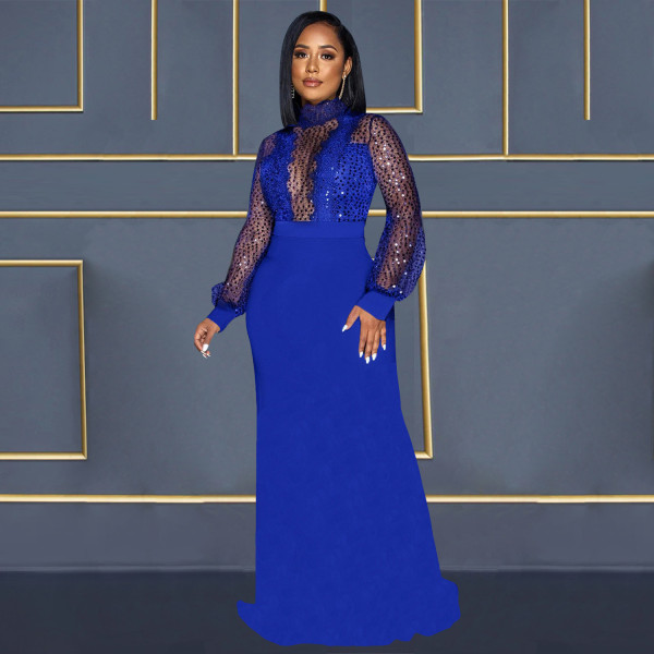 Sexy sequins perspective lace strapping floor length dress