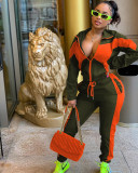 Casual fashion color blocking cardigan two-piece set