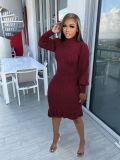 Women's solid color high collar ruffle hand knitted dress