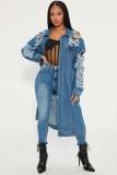 Fashion women's wear hole long sleeve shoulder slip denim trench coat cardigan denim cape
