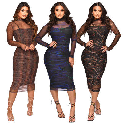 Two piece sexy dress with perspective mesh suspender printing