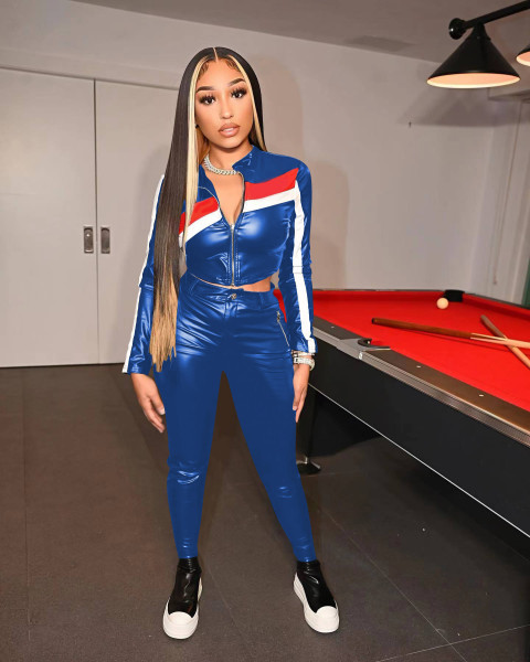 Two piece fashionable patchwork fitted leather suit