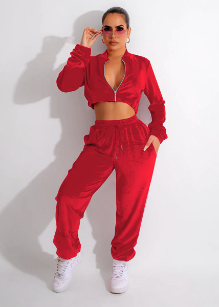Fashion open waist dense velvet loose wide leg two-piece set