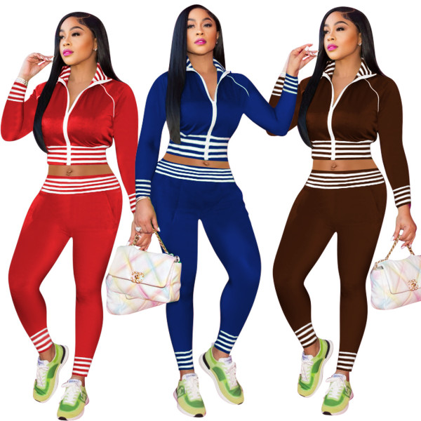 Fashion casual open waist threaded stand collar sports two-piece set
