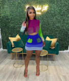 Casual hand knitted color contrast skirt suit