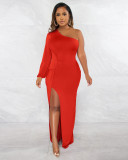 Women's Autumn Slant Shoulder Lantern Sleeve Solid Slim Split Dress Dress