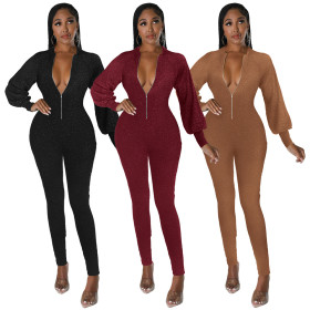 Autumn and winter sexy women's tight shiny nightclub jumpsuit