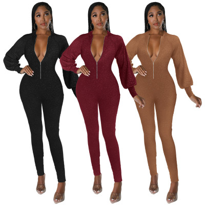 Autumn and winter sexy women's tight shiny nightclub jumpsuit