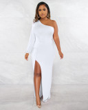 Women's Autumn Slant Shoulder Lantern Sleeve Solid Slim Split Dress Dress