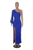 Women's Autumn Slant Shoulder Lantern Sleeve Solid Slim Split Dress Dress