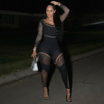 Sexy Mesh Perspective Hollow High Waist Pants Short Bodysuit
