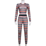 Stripe screen printed long sleeved short T-shirt leggings casual suit