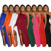 Women's Autumn Slant Shoulder Lantern Sleeve Solid Slim Split Dress Dress Women's Autumn Slant Shoulder Lantern Sleeve Solid Slim Split Dress Dress