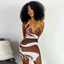 Hip wrap dress sexy backless halter print suspender skirt short