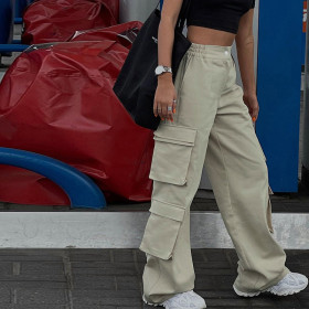 Denim overalls Hip hop style waist frill low waist multi pocket trousers