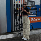 Denim overalls Hip hop style waist frill low waist multi pocket trousers