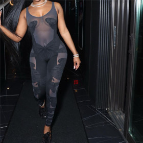 Sexy thin gauze perspective splicing tight sleeveless trousers jumpsuit
