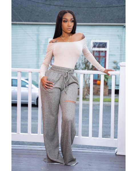 Solid color burnt flower split wide leg straight trousers