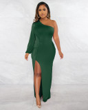 Women's Autumn Slant Shoulder Lantern Sleeve Solid Slim Split Dress Dress
