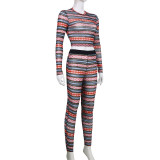 Stripe screen printed long sleeved short T-shirt leggings casual suit