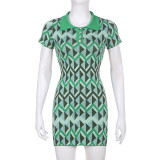 Geometric color block Polo neck button fitting wool short sleeve hip wrap dress