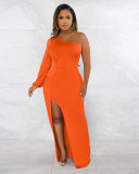 Women's Autumn Slant Shoulder Lantern Sleeve Solid Slim Split Dress Dress