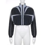 Contrast stitching loose waist zipper stand collar top sweater jacket