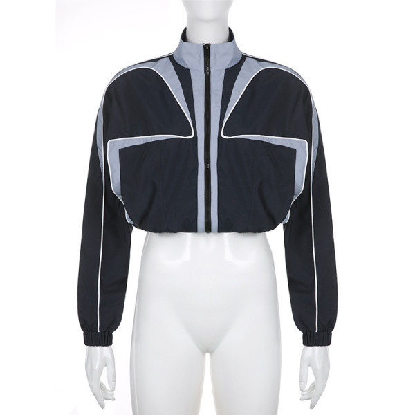 Contrast stitching loose waist zipper stand collar top sweater jacket